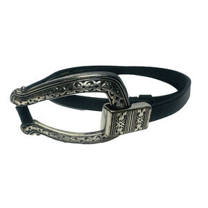 Chico's Genuine Leather Black Skinny Belt Horseshoe Buckle Adjustable Size Small